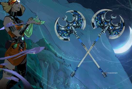 Crossed Moonstone Axes on a background of moonlit Erebus and idolized by mirroring images of Melinoe in Hades 2.